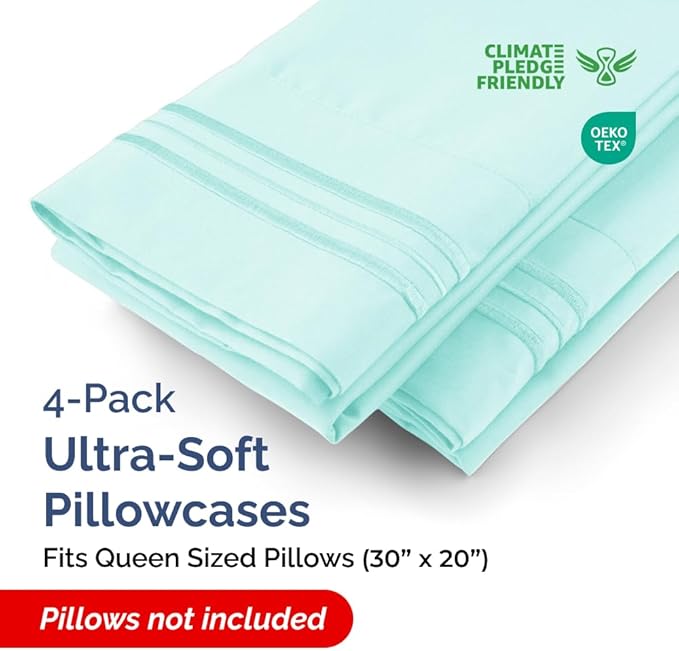 Pillowcases - Ultra Soft Hotel Quality Pillowcase Covers - Comfy, Cozy & Wrinkle Free - Shrinkage and Fade Resistant - Machine Washable Pillow Protectors - (Queen, Spa Blue, 4 Piece Set)
