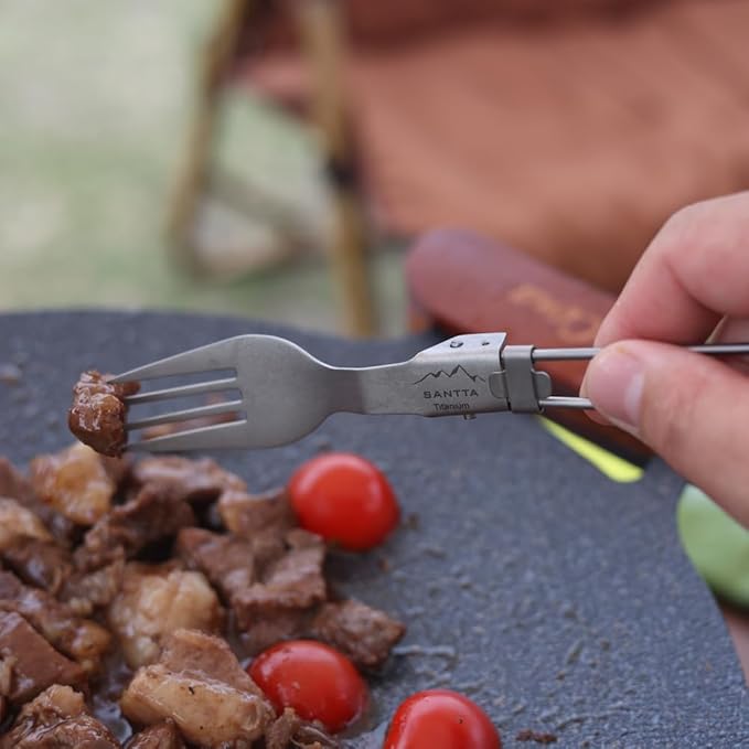 SANTTA Light Weight Titanium Folding Fork Spoon 2 Piece Utensil Set with Carry Bag and Carabiner for Camping, Hiking, Backpacking and Travelling