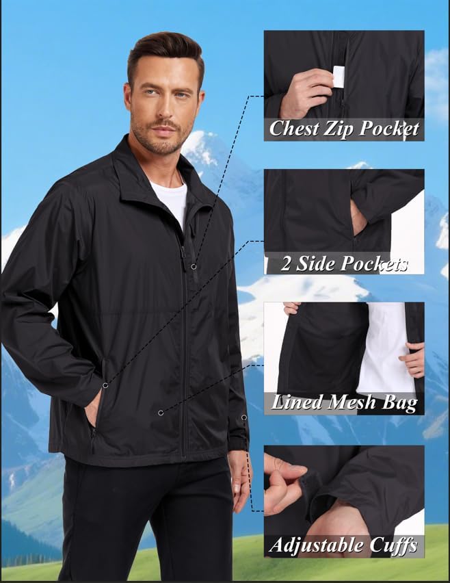 Mens Windbreaker Jackets Lightweight Packable Windproof for Casual Hiking Outdoor