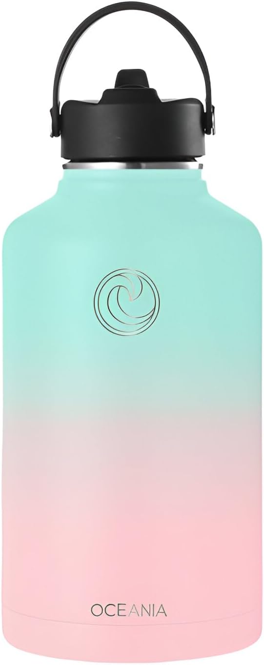 Oceania Flask 64oz Stainless Steel Water Bottle | Modern, Leakproof, Hydro BPA-Free, Insulated Water Bottle with 3 Lids, 3 Straws & 2 Straw Cleaning Brushes | Simple Camping & Hiking Water Bottles