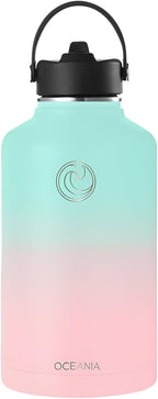 Oceania Flask 64oz Stainless Steel Water Bottle | Modern, Leakproof, Hydro BPA-Free, Insulated Water Bottle with 3 Lids, 3 Straws & 2 Straw Cleaning Brushes | Simple Camping & Hiking Water Bottles