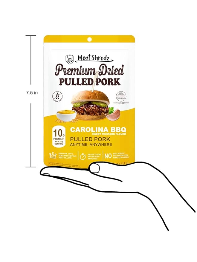 Meat Shredz - Premium Dried Pulled Pork (Carolina BBQ - Sweet Mustard, 4 Pack) | Gluten Free | High Protein & Low Sugar | Bacon Bits | Dehydrated Backpacking & Camping Food | Shredded, Dried Jerky Chew Snack