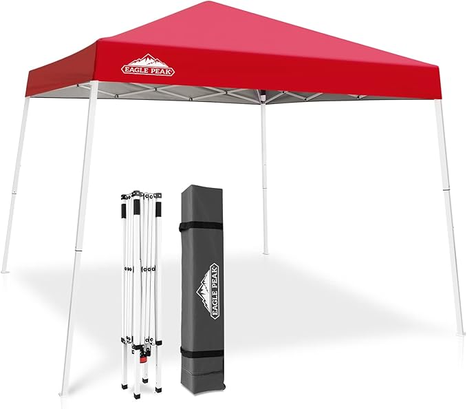 EAGLE PEAK 10x10 Slant Leg Pop-up Canopy Tent Easy One Person Setup Instant Outdoor Beach Canopy Folding Portable Sports Shelter 10x10 Base 8x8 Top (Red)
