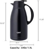 GiNT Stainless Steel Thermal Coffee Carafe, Double Walled Vacuum Water and Beverage Dispenser, 12 Hour Heat Retention, 65 OZ /1.9 Liter Black