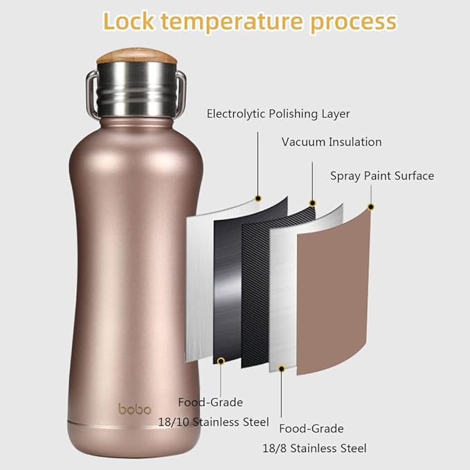 YOHKOH Mini Vacuum Insulated Water Bottle With Bamboo Lid - Stainless Steel Thermos Water Bottle for Women Girls Kids, Metal Sports Hot and Cold Water Bottle Leak-Proof BPA-Free (11.8oz,Gold)