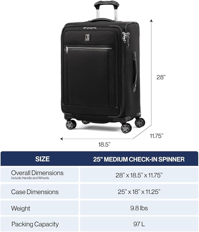 Travelpro Platinum Elite Softside Expandable Checked Luggage, 8 Wheel Spinner Suitcase, TSA Lock, Men and Women, Coastal Blue, Checked Medium 25-Inch