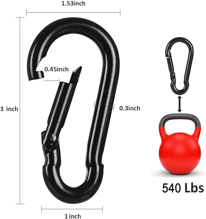 3 Inch Carabiner Spring Snap Hook Steel Clip Link Buckle Heavy Duty 8x80mm 10 Pcs for Outdoor Camping Hiking Hammock Swing, Black