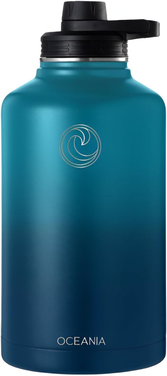 Oceania Flask 64oz Stainless Steel Water Bottles | Modern, Leakproof, Hydro BPA-Free, Insulated Water Bottle with 3 Lids, 3 Straws & 2 Straw Cleaning Brushes | Simple Camping & Hiking Water Bottle