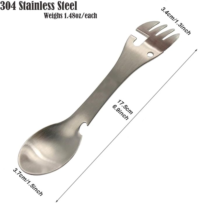 5 in 1 Stainless Steel Outdoor Cutlery - Spoon Fork Knife Bottle Can Opener for Camping Hiking Travel Multi-Purpose Cutlery (2 Pack)