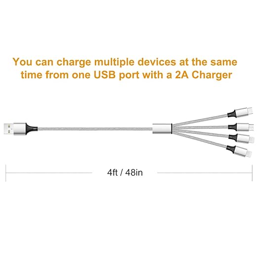 Puxnoin Multi Charging Cable, Multi USB Cable 2Pack 4FT Universal 4 in 1 Multiple USB Cable Fast Charging Cord with Type-C, Micro USB Connectors for Cell Phones Tablets, Silver