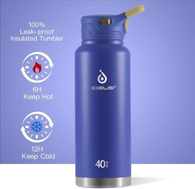 IDEUS Insulated Stainless Steel Water Bottle with 2 Leak-Proof Lids, Thermal Water Flask for Hiking Biking, 40oz, Purple