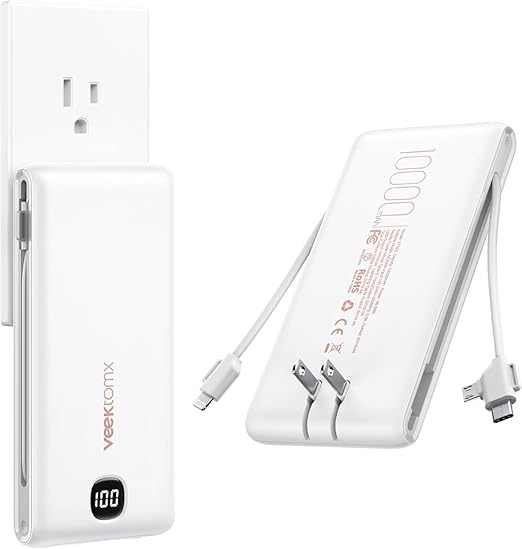 VEEKTOMX Portable Charger with Built in Cables 10000mAh, Power Bank for iPhone with Wall Plug, Travel Essential Fast Charging USB C Slim External Battery Pack for iPhone16/15/14, Samsung, iPad, etc
