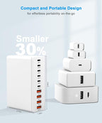 USB C Charging Station 10 Port with 4 USB Cables, 200W GaN Type C Charger Block, Wall Charger Power Strip Adapter Plug for iPad iPhone17 16 15 14 13 12 Pro Max Pixel Note Galaxy