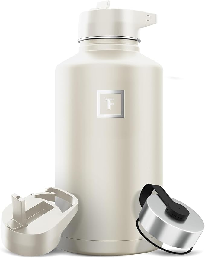 IRON °FLASK Camping & Hiking Hydration Flask with 3 Lids - Stainless Steel, Double Walled & Vacuum Insulated Water Bottle - Leak Proof & BPA Free (Cashmere Cream, Straw - 64 oz)