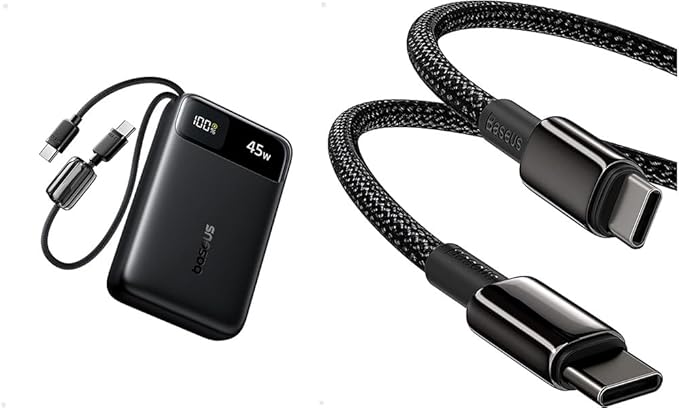 Baseus 100W PD 5A QC 4.0 Fast Charging USB C to C Cable, Bundle with 20000mAh Compact Portable Charger 45W, CCC Certified Power Bank Built-in USB-C Cables