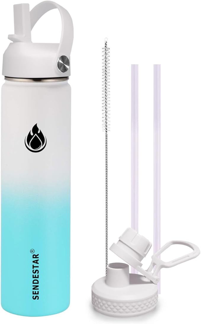 SENDESTAR Stainless Steel Wide Mouth Water Bottle 24oz Double Wall Vacuum Insulated Leak Proof Bottle with New Flex Straw Lid & Spout Lid