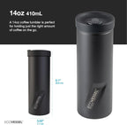EcoVessel Travel French Press, Portable Coffee Maker, Stainless Steel Insulated Coffee Press, Reusable Single Serve Bottle for On-The-Go Use, 14oz (Black)