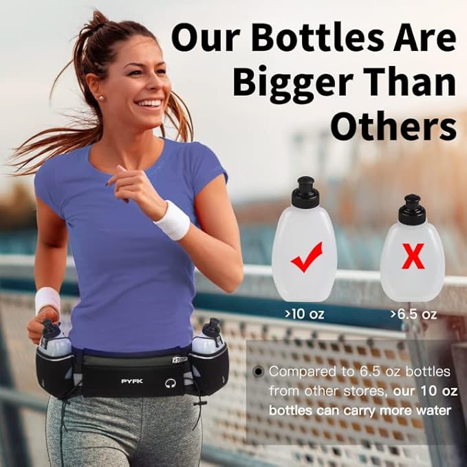 PYFK Upgraded Running Belt with Water Bottles, Hydration Belt for Men and Women, Water Bottle Holder Running Pouch Belt, Fanny Pack Fits 7 inches Phones, Waist pack for Running Hiking Climbing