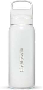 LifeStraw Go Series — Insulated Stainless Steel Water Filter Bottle for Travel and Everyday Use Removes Bacteria, Parasites and Microplastics, Improves Taste, 24oz Polar White