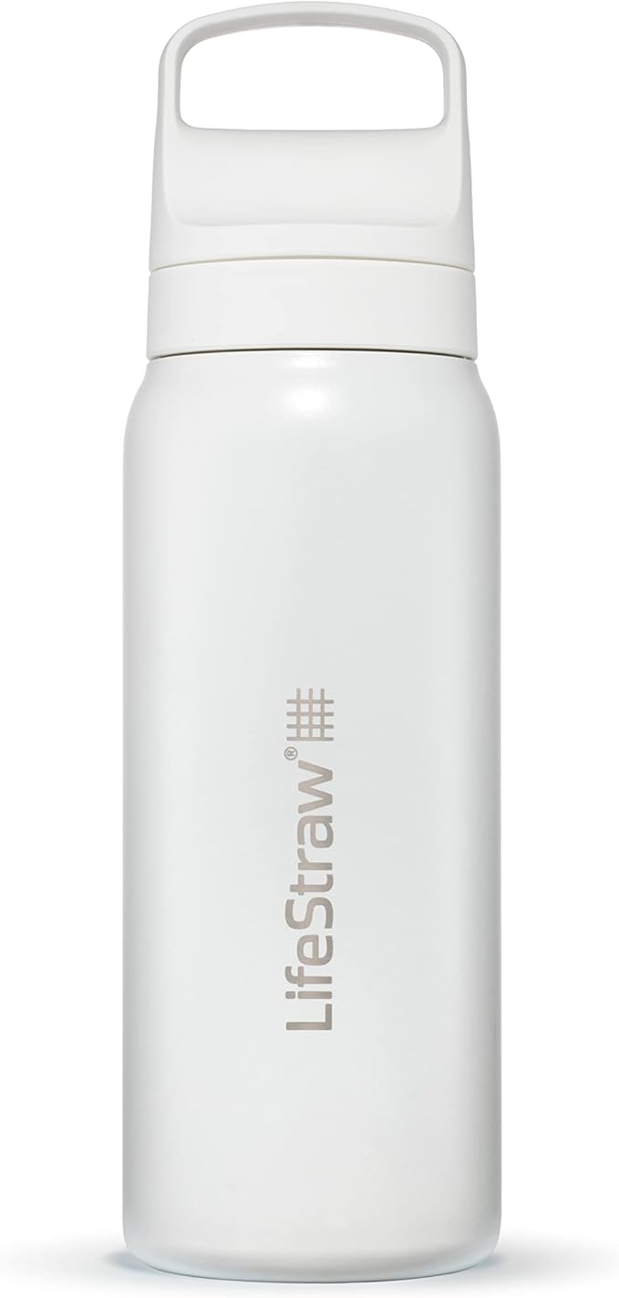 LifeStraw Go Series — Insulated Stainless Steel Water Filter Bottle for Travel and Everyday Use Removes Bacteria, Parasites and Microplastics, Improves Taste, 24oz Polar White