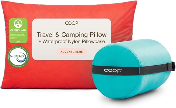 Coop Home Goods Original Adjustable Travel Pillow and Waterproof Pillow Protector Red Bundle with Compressible Stuff Sack, Medium-Firm Memory Foam and Washable Cover, CertiPUR-US Certified (19x13)