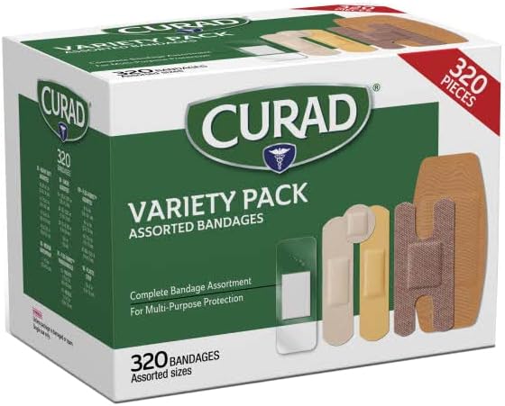 Curad Bulk Variety Pack Assorted Bandages, Flex-Fabric, Waterproof, Plastic, Knuckle, Heavy Duty Bandages (320Count) (Pack of 2)
