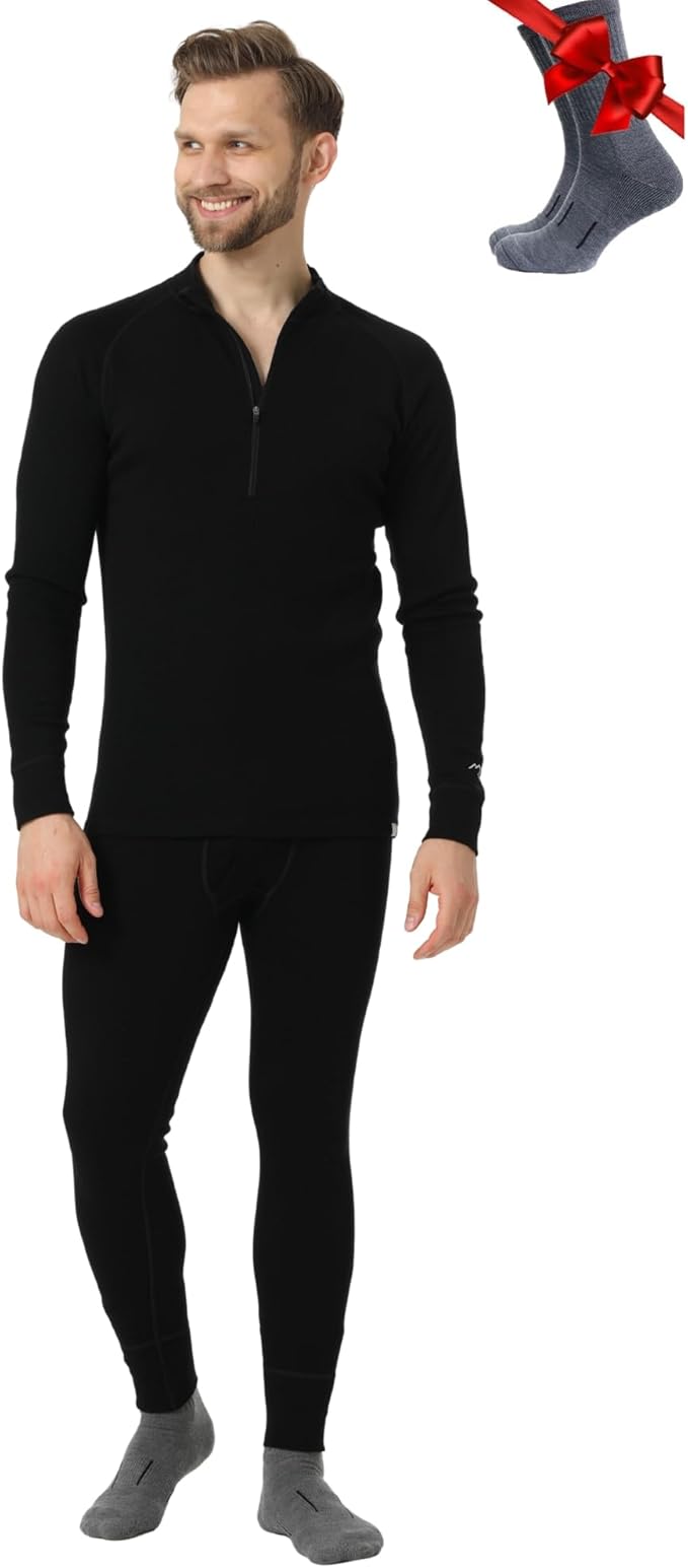 Merino.tech Men’s Merino Wool Base Layer Set – Zip-Up Heavyweight, Midweight Thermal Top & Bottom