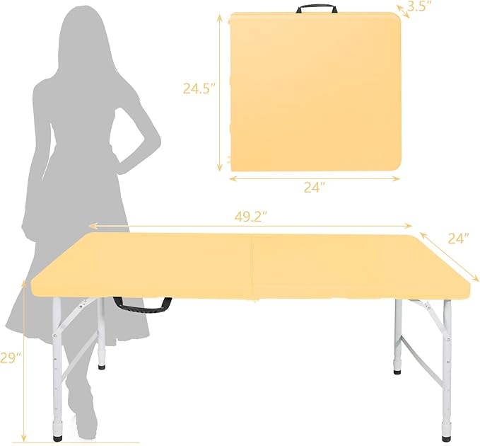 4 FT Folding Table with Carry Handle, Portable Fold-in-Half Plastic Table, Rectangle Foldable Table for Indoor/Outdoor Light Yellow