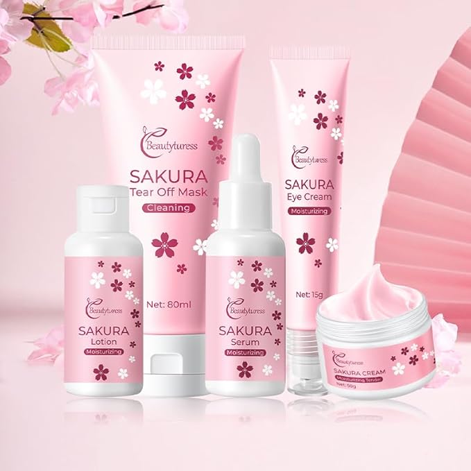 Skin Care Set Cherry Blossom Radiant Hydrating 5 Piece Set Women Beauty Gift Sets Skin Care Kit with Peel-off mask, Toner, lotion，eye cream Travel Kit for Women Teen Girls Mom Daughter Birthday