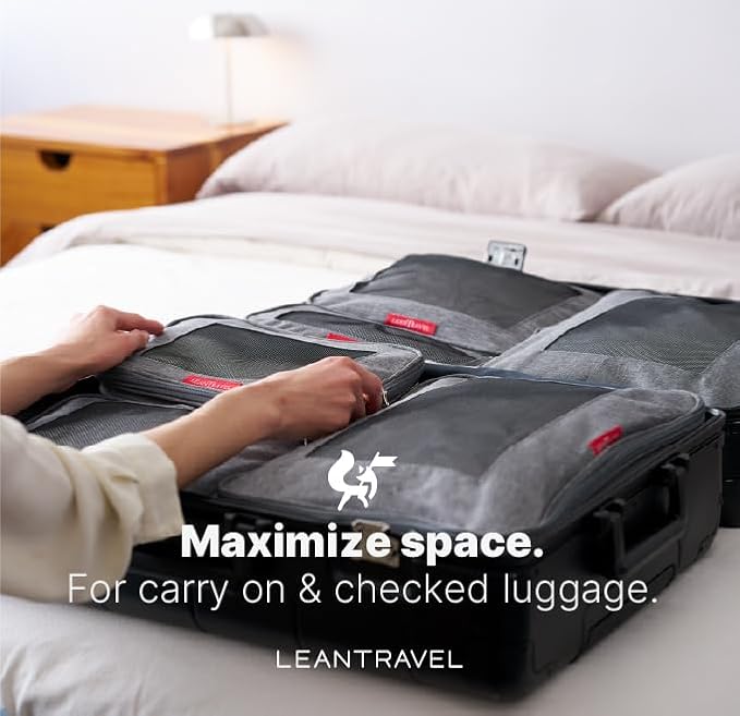 LeanTravel Premium Compression Packing Cubes for Travel - Suitcase Organizer Bags with Double Zipper & Breathable Mesh Panel - Space Saving Carry On Luggage Essentials (3-Pack, Grey)