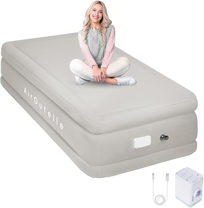 Twin Air Mattress with Built-in USB-C Pump (2500mAh) - 18" Self-Inflating Camping Mattress, Fiber-Tech Support for Indoor & Outdoor Use, Portable Blow Up Bed - White