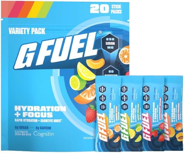 G Fuel Electrolytes Powder for Instant Hydration and Focus, Sugar Free Electrolytes Variety Pack of Lemon, Orange, Peach, Strawberry Flavors, Nootropic Drink Mixes To Sharpen Mental Focus, 20 Servings