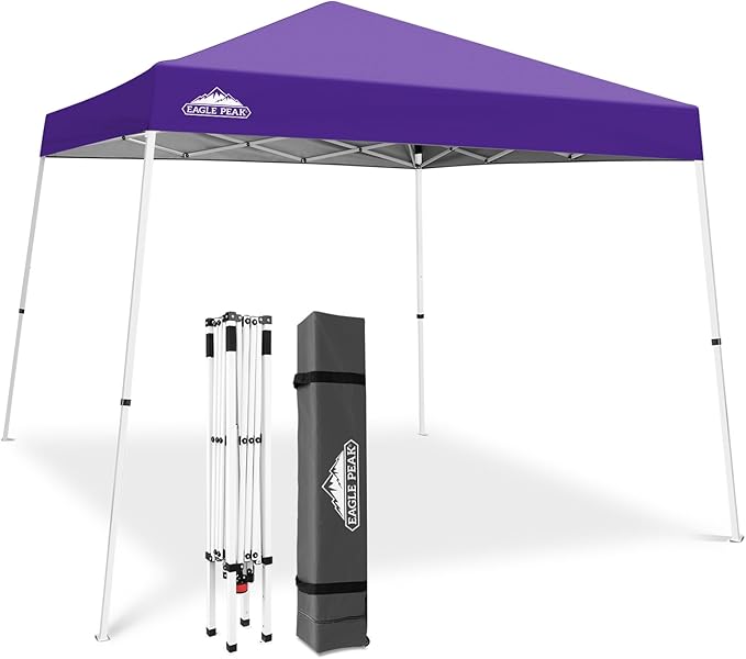 EAGLE PEAK 10x10 Slant Leg Pop-up Canopy Tent Easy One Person Setup Instant Outdoor Beach Canopy Folding Portable Sports Shelter 10x10 Base 8x8 Top (Purple)