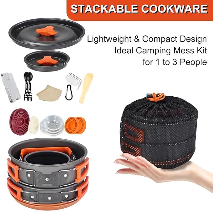 Camping Cooking Cookware Mess Kit - Non-Stick Lightweight Pot Pan Kettle Set with Collapsible Pour Over Coffee Dripper, Outdoor Kitchen Cook Essentials Gear for Camping Hiking Picnic