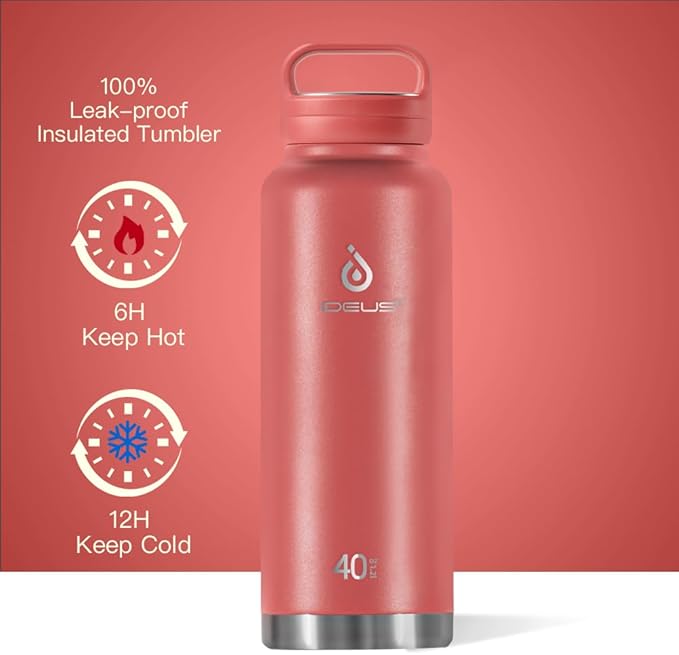 IDEUS Insulated Stainless Steel Water Bottle with 2 Leak-Proof Lids, Thermal Water Flask for Hiking Biking, 40oz, Red