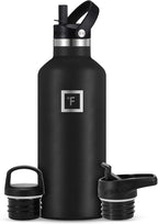 IRON °FLASK Camping & Hiking Hydration Canteens - 3 Lids (Narrow Straw Lid) Leak Proof Vacuum Insulated Stainless Steel - Hot & Cold Double Walled Sports Water Bottle - Midnight Black, 32 Oz