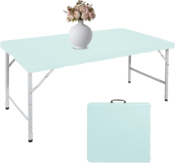 4 FT Folding Table with Carry Handle, Portable Fold-in-Half Plastic Table, Rectangle Foldable Table for Indoor/Outdoor Blue