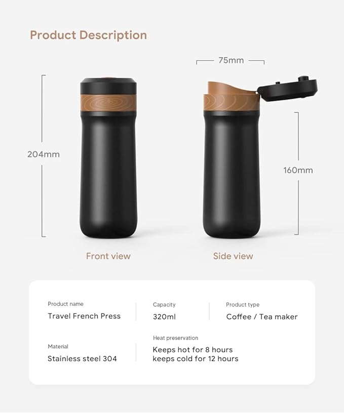 Portable French Press Coffee Maker Car-Go Vacuum Insulated Bottle, Travel French Coffee Maker With Unique Filter Stainless Steel Tea/Coffee Mug For Camping, 320ML