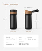 Portable French Press Coffee Maker Car-Go Vacuum Insulated Bottle, Travel French Coffee Maker With Unique Filter Stainless Steel Tea/Coffee Mug For Camping, 320ML