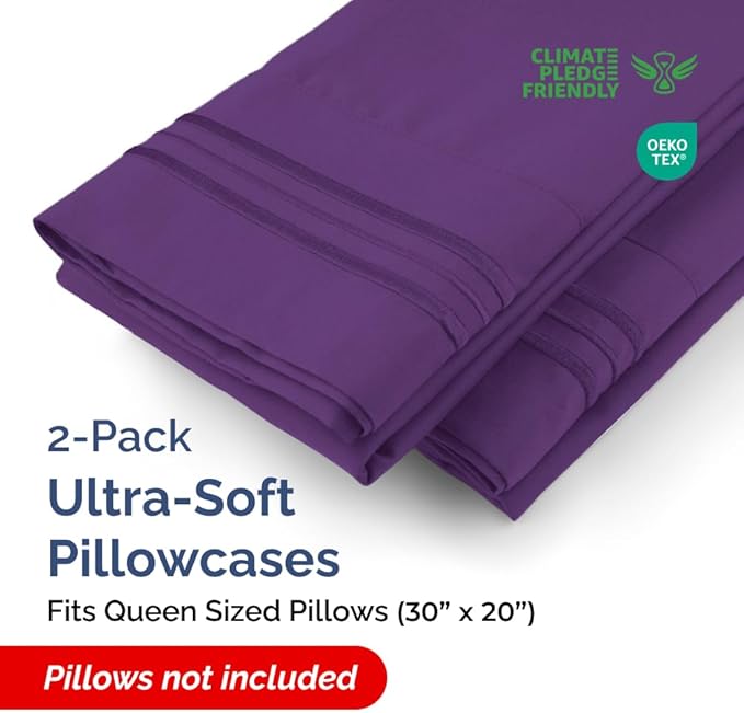 Queen Pillow Cases Set of 2 - Ultra Soft Hotel Quality Pillowcase Covers - Luxury Comfy Bedding for Women, Men, Kids and Teens - Machine Washable Pillow Protectors - 2 Pieces Set - Queen Size Purple
