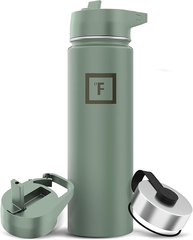 IRON °FLASK Camping & Hiking Hydration Flask with 3 Lids - Stainless Steel, Double Walled & Vacuum Insulated Water Bottle - Leak Proof & BPA Free (Sage, Straw - 22 oz)