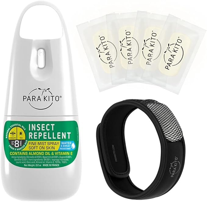 PARAKITO Mosquito, Insect & Bug Spray Bundle - Includes Spray, Black Wristband & 4 Refills | DEET Free, Citronella Essential Oils, Perfect for Camping, Hiking, Travel Outdoor Activities