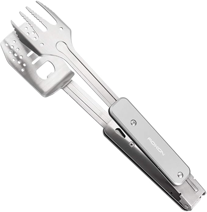 ROXON 4 in 1 Mini Folding BBQ Barbecue Combo Tool Set with Spatula, Fork, Tongs and Bottle Opener for Hiking Camping (Grey)