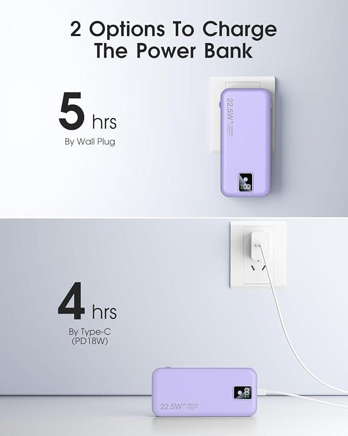 Portable Charger Built-in Cables and AC Wall Plug, 12000mAh power Bank, USB C 22.5W Fast charging Phone Charger ,Compact Lightweight External Battery Pack for iPhones, iPad, Samsung，Tablets, etc.