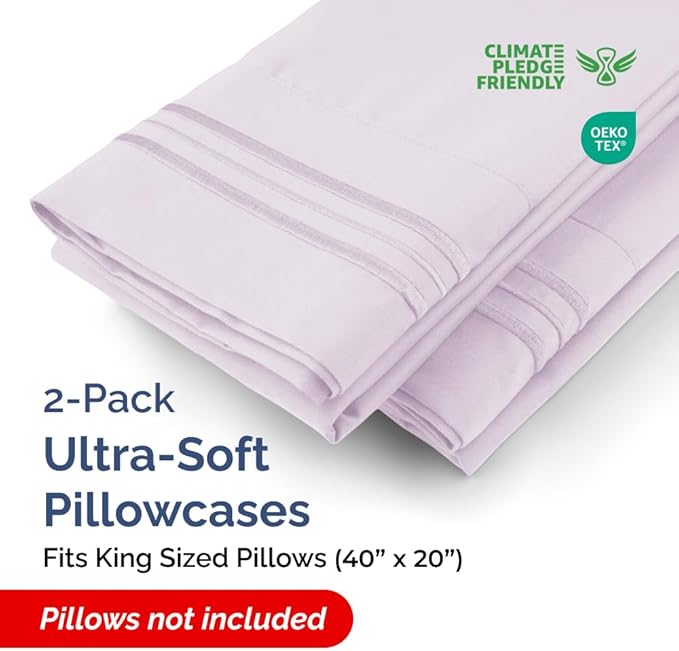 King Pillow Cases Set of 2 - Ultra Soft Hotel Quality Pillowcase Covers - Comfy Cozy Bedding for Women, Men, Kids & Teens - Machine Washable Pillow Protectors - 2 Pieces Set - King Size Light Lavender