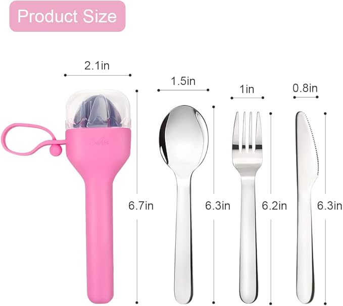 Sophico Travel Utensils Set for Camping and Kids Lunch Box, Stainless Steel Fork and Spoon, Knife Silverware Flatware Sets with Silicone Case - Portable & Leak-proof, Dishwasher Safe (Pink, 1 Set)