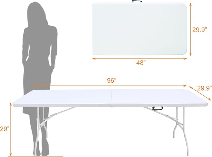 8 FT Folding Table with Carry Handle, Portable Fold-in-Half Plastic Table, Rectangle Foldable Table for Indoor/Outdoor White