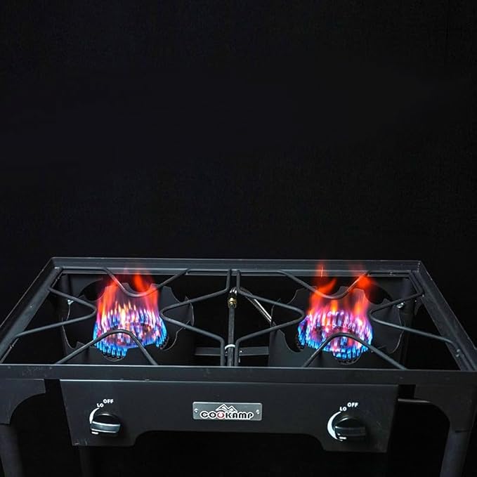 High Pressure Double Propane Burner Outdoor Camping Stove with 0-20 PSI Adjustable Regulator and Steel Braided Hose (Two Burner Stove)