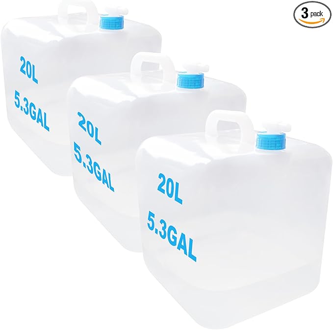 3PCS x 5.3Gal/20L, Water Storage Container, Food Safe Emergency Water Jugs with Spigot, Collapsible, BPA-Free, Portable Water Bottle Survival Kit for Camping, Hiking, Fishing, Canteen Style