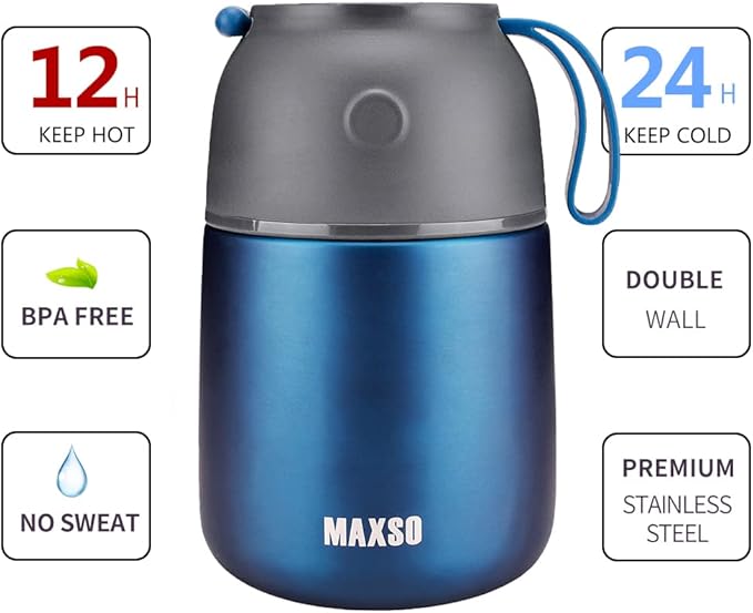 MAXSO Soup Thermo for Hot & Cold Food for Adults Kids, 17 oz Vacuum Insulated Steel Lunch Container Bento Box with Spoon, Leakproof Thermal Food Jar for School Office Travel - Dark Blue